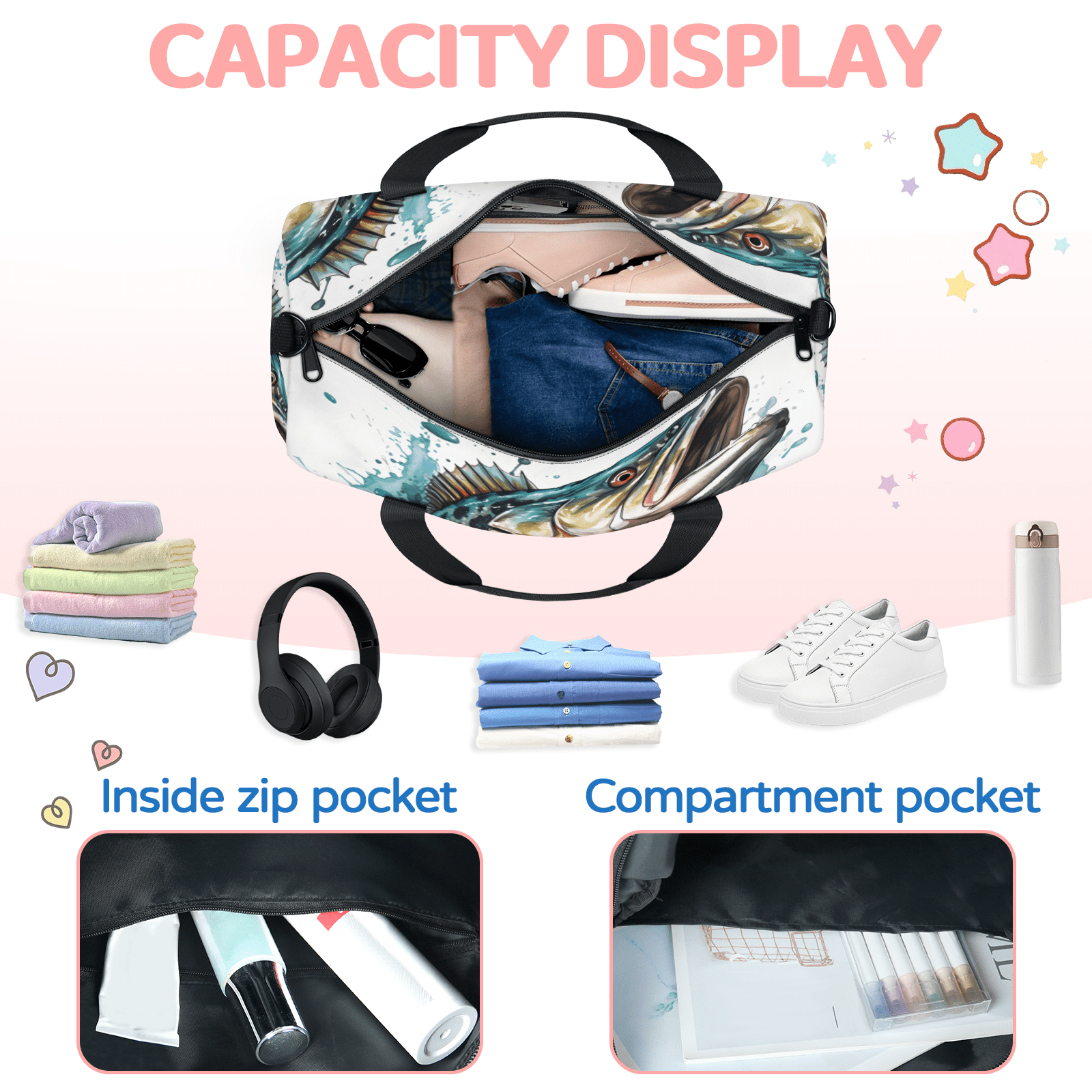 Herdesigns Funny Fish Gym Bag for Women, Duffle Bag for Travel Sport, Bass Fish Lightweight Waterproof Carry on Weekender Dance Yoga Workout Bags