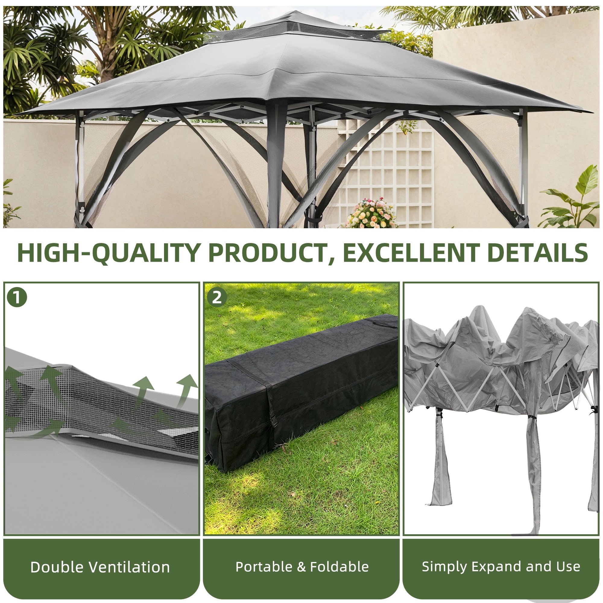Uforic 12'x12' Pop Up Gazebo, Outdoor Double Roof Gazebo Tent with Netting Walls, Double Vented Roof Canopy, Beige