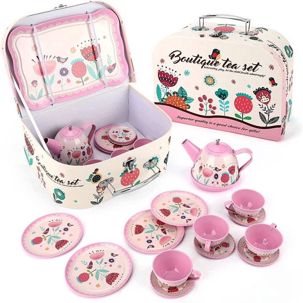 Welltop Pretend Play Tea Set Toys with Large Capacity Carry Case Tea