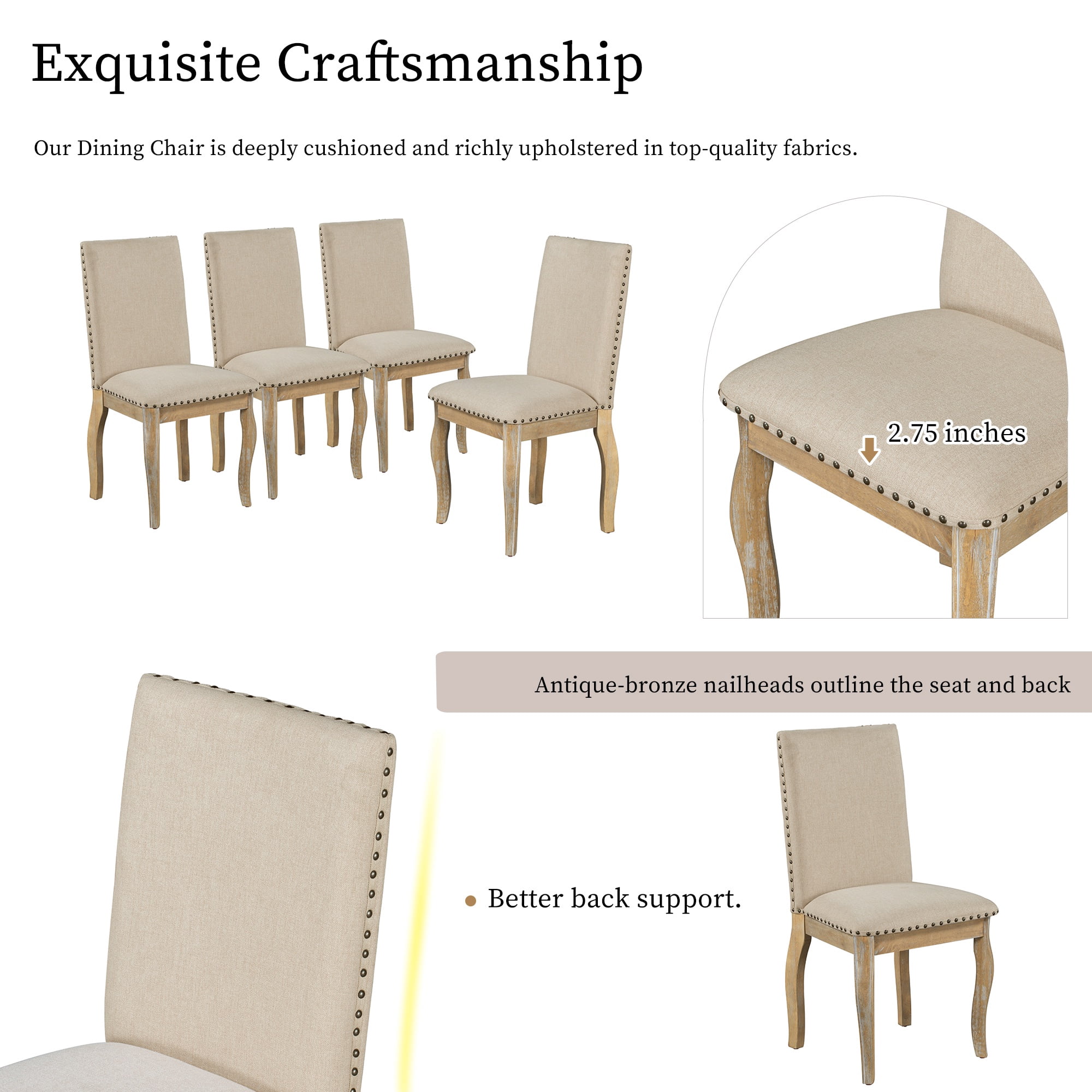 PORKISS Set of 2 Dining Chairs, High Back Upholstered Kitchen Chairs with Solid Wood Frame, Curved Legs and Bronze Nailhead Trim, Natural Finish with White Fabric