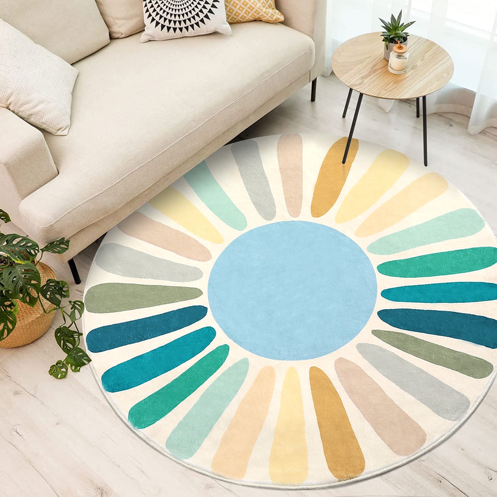 Hasoo 3' x 3' Round Rug Colorful Washable Circle Area Rug Sun Print Modern Non-Slip Non-Shedding Floor Cover for Home Decor, Blue