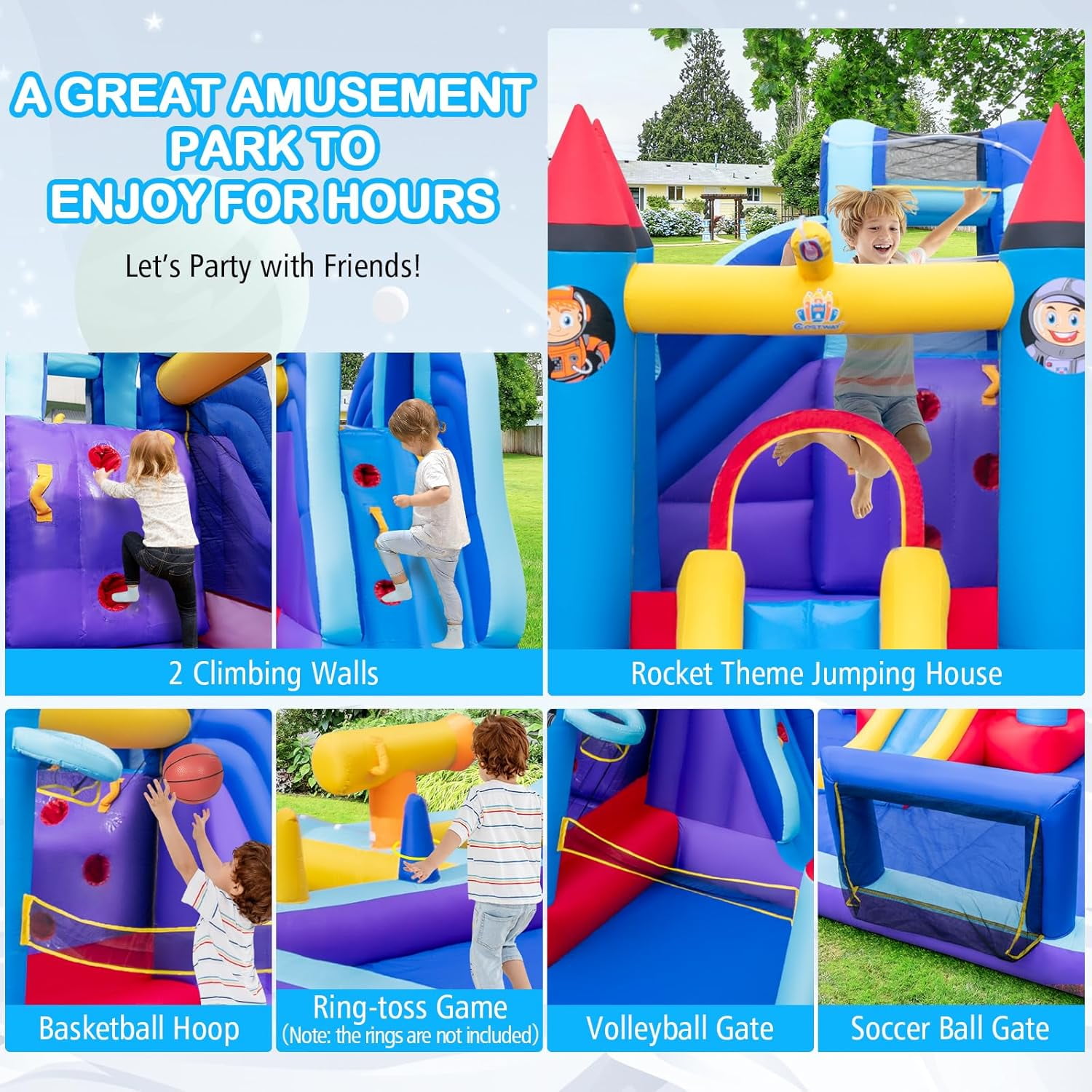 OLAKIDS Inflatable Water Slide, 10 in 1 Rocket Theme Bounce House Water Park with 2 Slides Splash Pool Volleyball Soccer Gate, Outdoor Inflatable Obstacle Course for Kids Backyard (Without 950W)