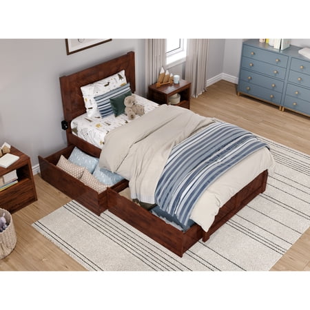 HomeStock Timeless Tradition Twin Platform Bed with Matching Footboard & Storage Drawers in Walnut