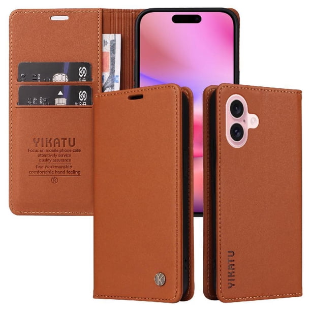 Funda para iPhone 16 Estuche de Cuero PU Tipo Cartera con Ranuras para Tarjetas y Cierre Magnético
