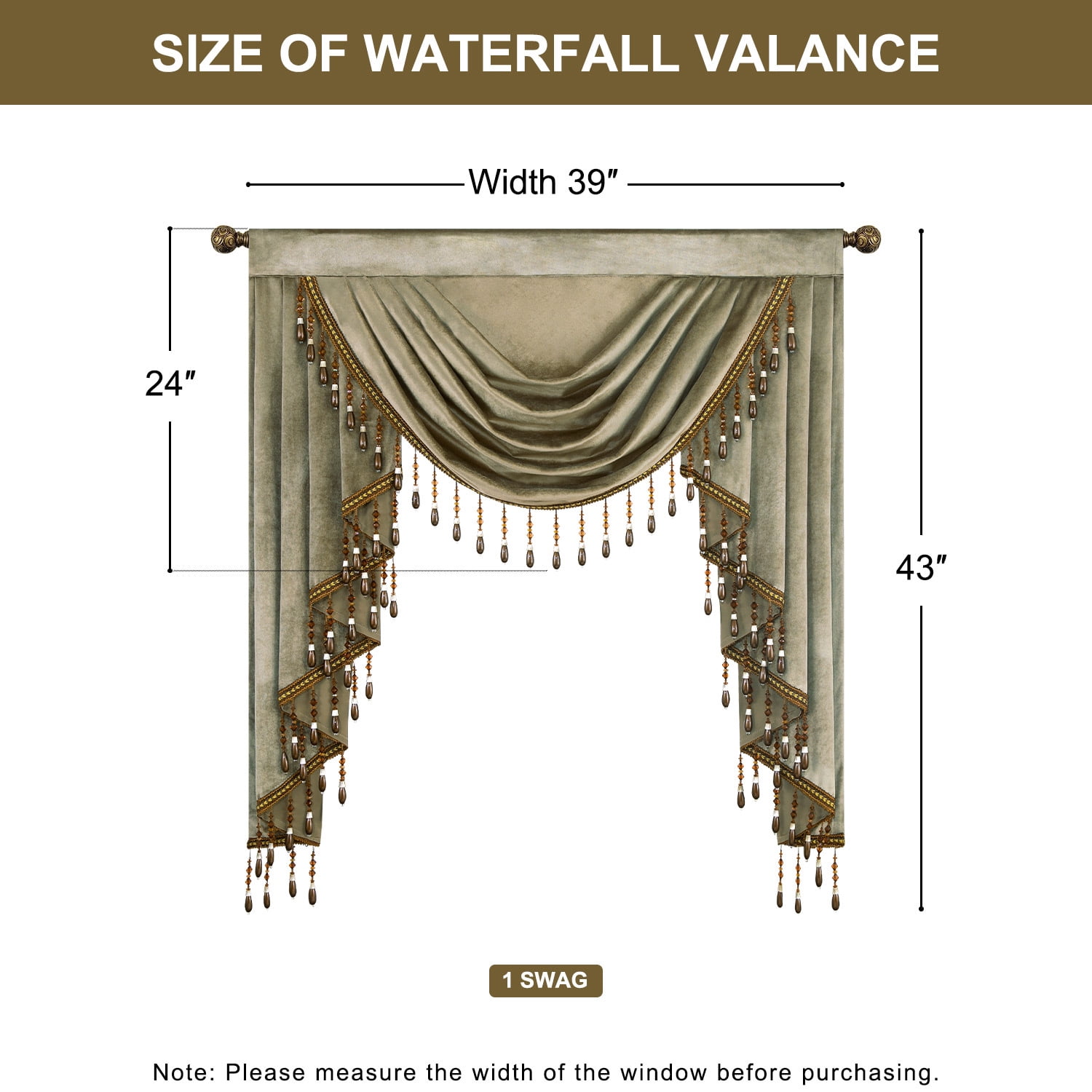 VOGOL Brown Luxury Velvet Waterfall Valance, Soft Touch Vintage Style Swag Curtain Drapes for Dining Room, Rod Pocket Privacy Window Treatments, 1 Panel, 39 inches Wide