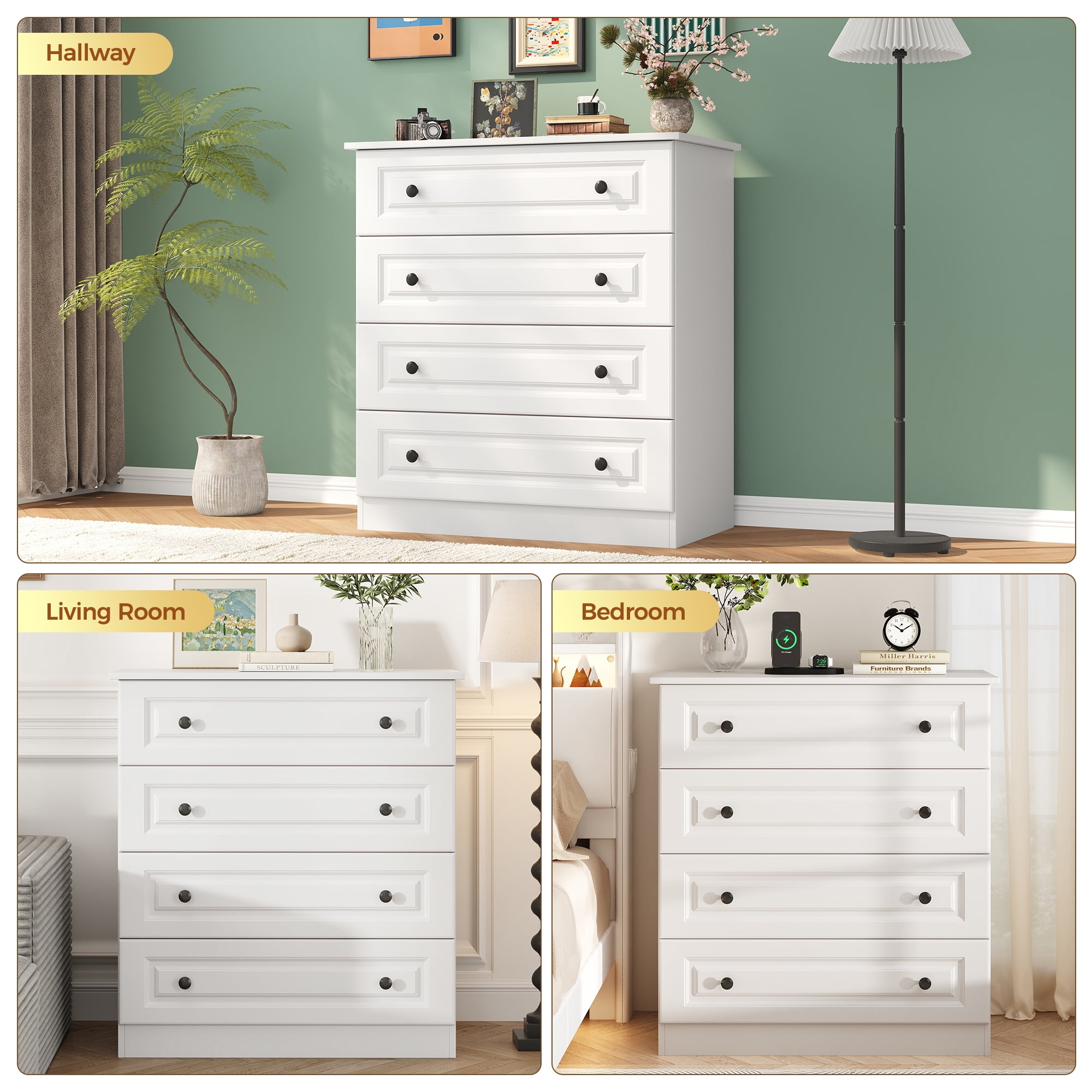 4 Drawer White Dresser for Bedroom, 35 Inch Tall Storage Chest with Large Drawers, Modern Space Saving Furniture for Hallway, Entryway (White)