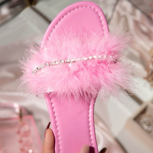 Zapatillas planas de felpa con diamantes de imitación de una línea para ocio diario de verano nuevo estilo para mujer Wmkox8yii hj789