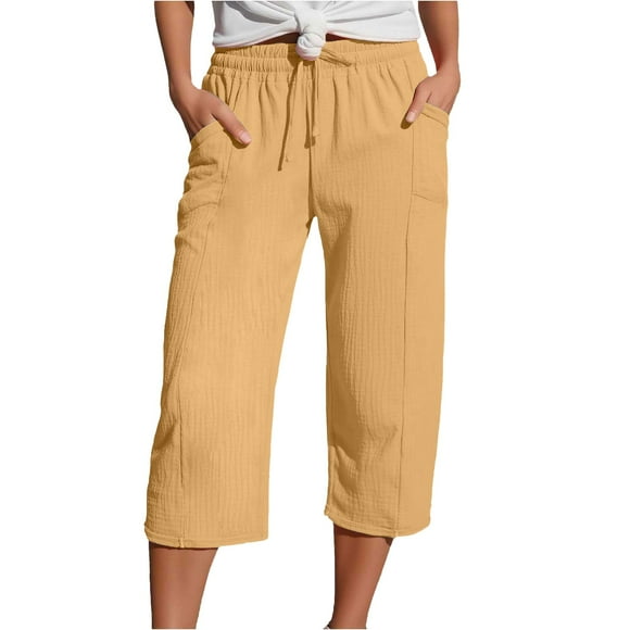 Linen Vacation Pants - Lightweight Summer Beach Trousers 2025, Yellow Linen Pants for Women Lightweight Spring Womens Summer Pant 2025 Ladies Vacation Beach Trousers with Pockets