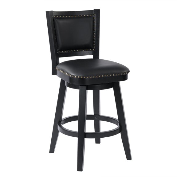 Kera Swivel Barstool Chair, Black Wood, Faux Leather, Nailhead Trim