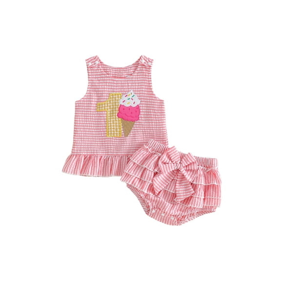 Baby Girls First Birthday Outfit One Ice Cream Embroidery Tank Tops Ruffle Blommer Shorts Gifts Set Summer Smash Cake Clothes 6 12 18M