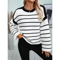 thumbnail image 6 of Women'S Oversized Stripe Sweater 2025 Mock Crew Neck Long Sleeves Fall Fashion Outfit Black S, 6 of 8