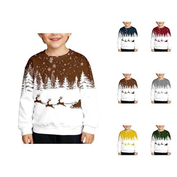 Boys Girls Christmas Sweatshirt Long Sleeve Crewneck Casual Santa Claus and Reindeer Print Pullover Sweatshirts 1-12 Years