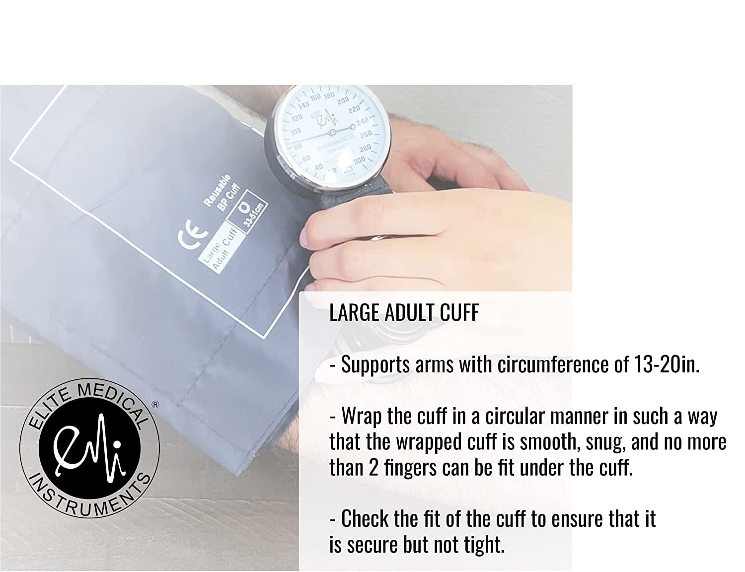 EMI Large Adult Black Manual Blood Pressure Cuff with Aneroid Sphygmomanometer & Case