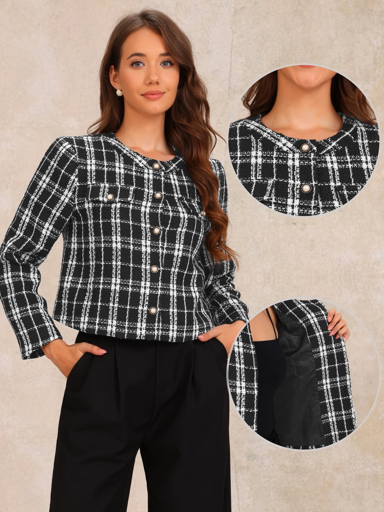 DARING DIVA Women's Casual Crew Neck Cropped Plaid Tweed Blazer Jacket XL Black White