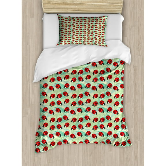 Ladybug Duvet Cover Set Twin Size, Spring Bugs on Tropical Leaves Exotic and Green Fern Foliage, Decorative 2 Piece Bedding Set with 1 Pillow Sham, Vermilion Pale Green and Black, by Ambesonne