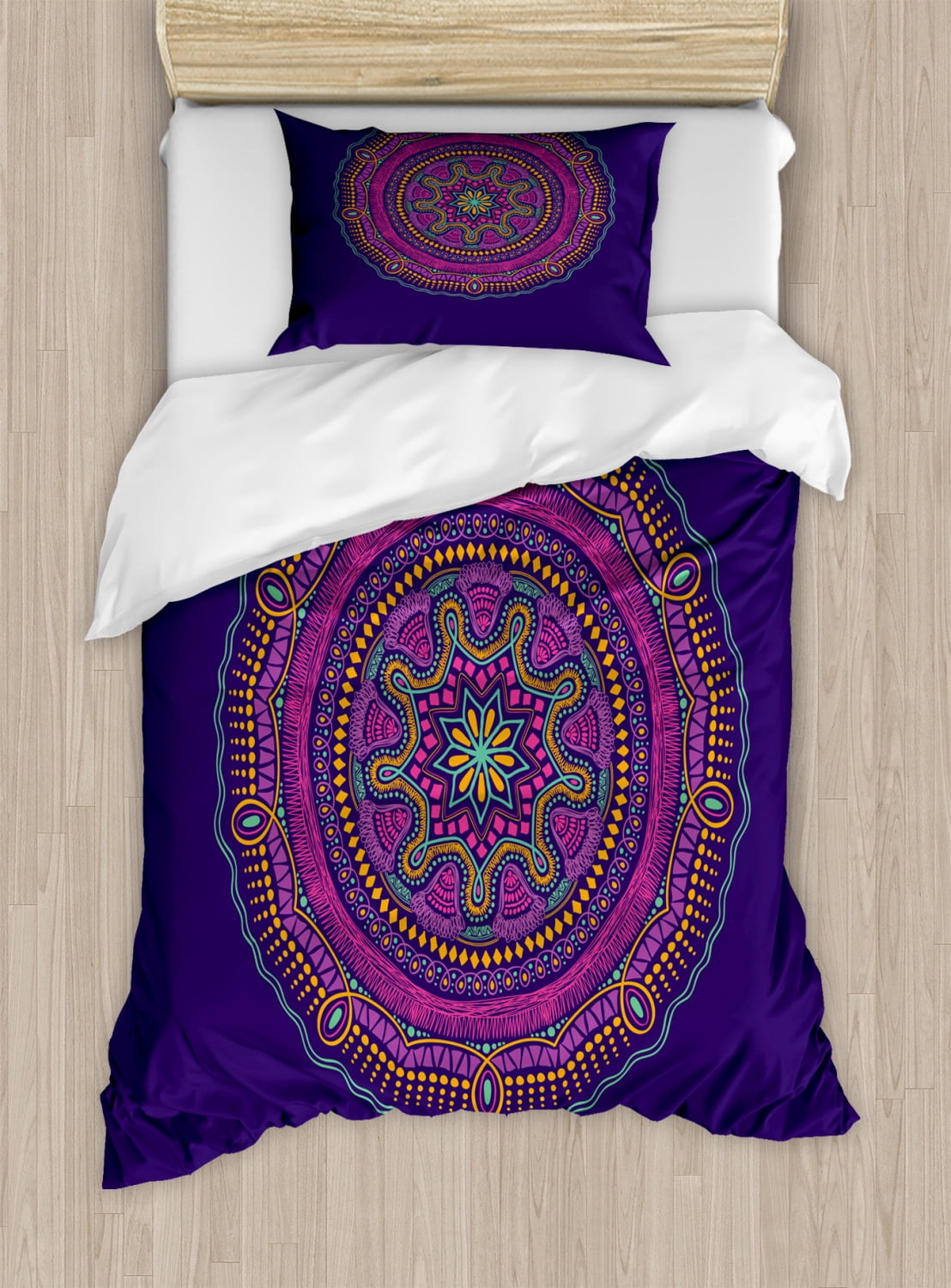 Yoga Twin Size Duvet Cover Set, Ethnic Ornament Mandala Round on Purple