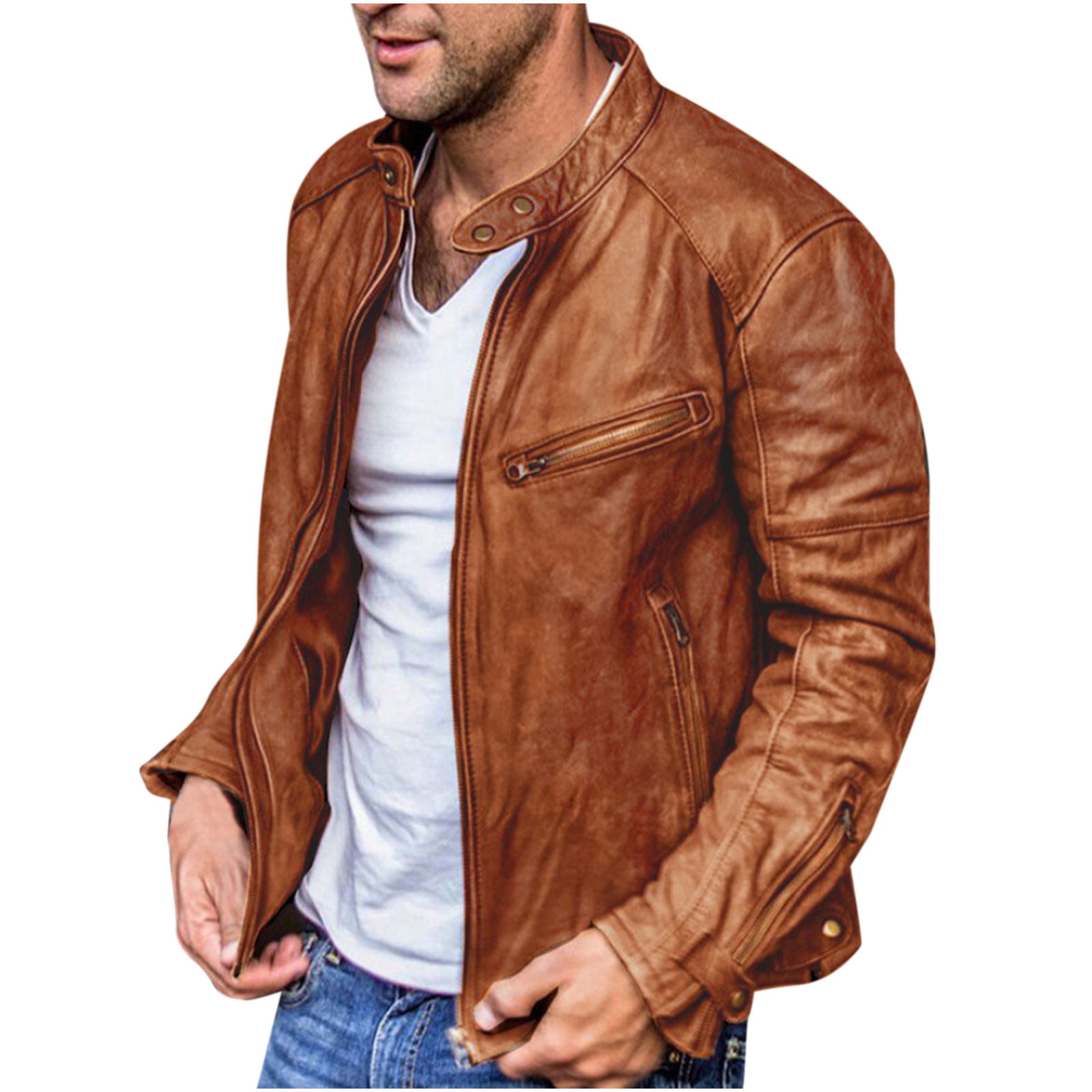 Landscap Mens Stand Collar PU Leather Jacket Faux Leather Coats Slim Fit Motorcycle Jacket 