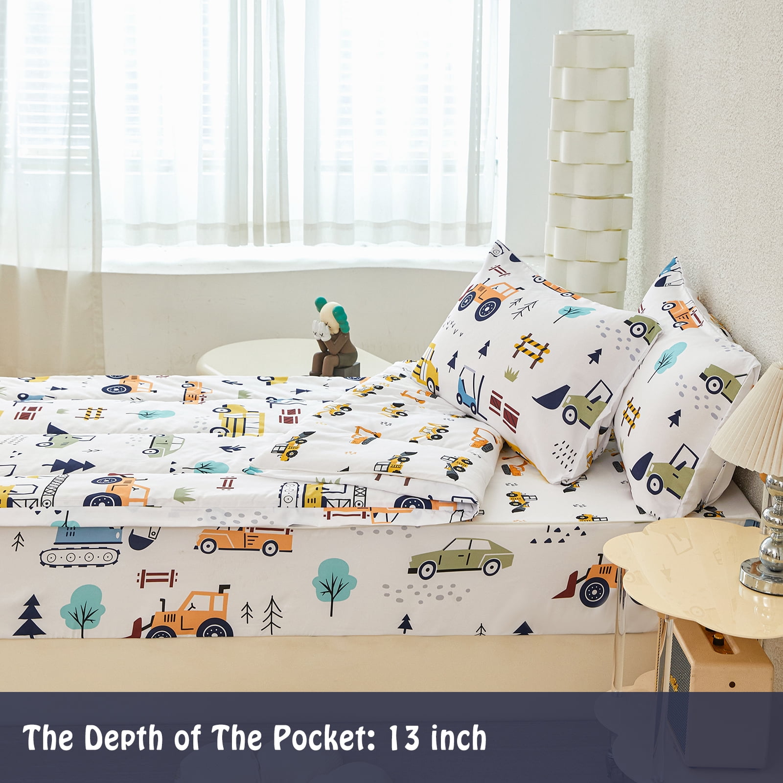 ZRNBAST Construction Comforter Set for Boys Zipper Bedding Sets Twin Size Lightweight Microfiber Cartoon Car Comforter for Kids All in one Zipper Bed Set(White,Twin)