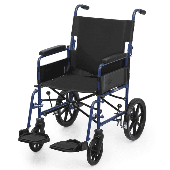 Magshion Folding Transport WheelChair, Foldable Rollator Chair with Swing-Away Footrests, Flip Back Backrest and Parking Brake for Adults, Disabled, 300lbs Weight Capacity, Blue