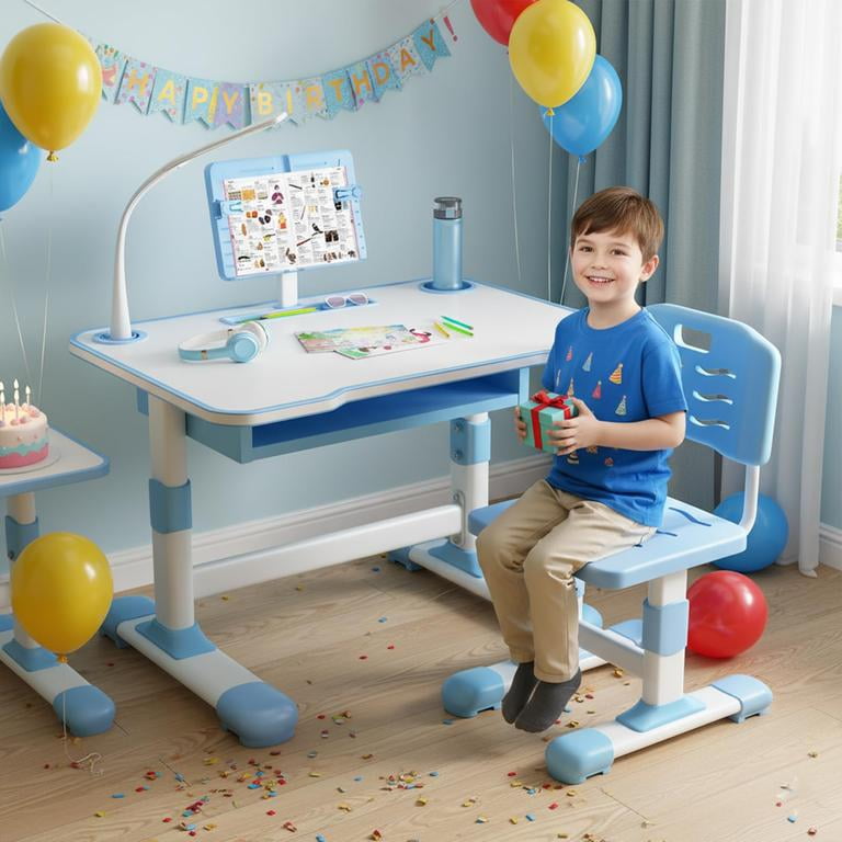 Kids Study Desk Chair Set, Height Adjustable Writing Table, Tiltable Reading Stand, LED Table Light, Children Desk Chair for Bedroom, Study Desks with Large Drawer for Toddlers and Teens (Blue #7)