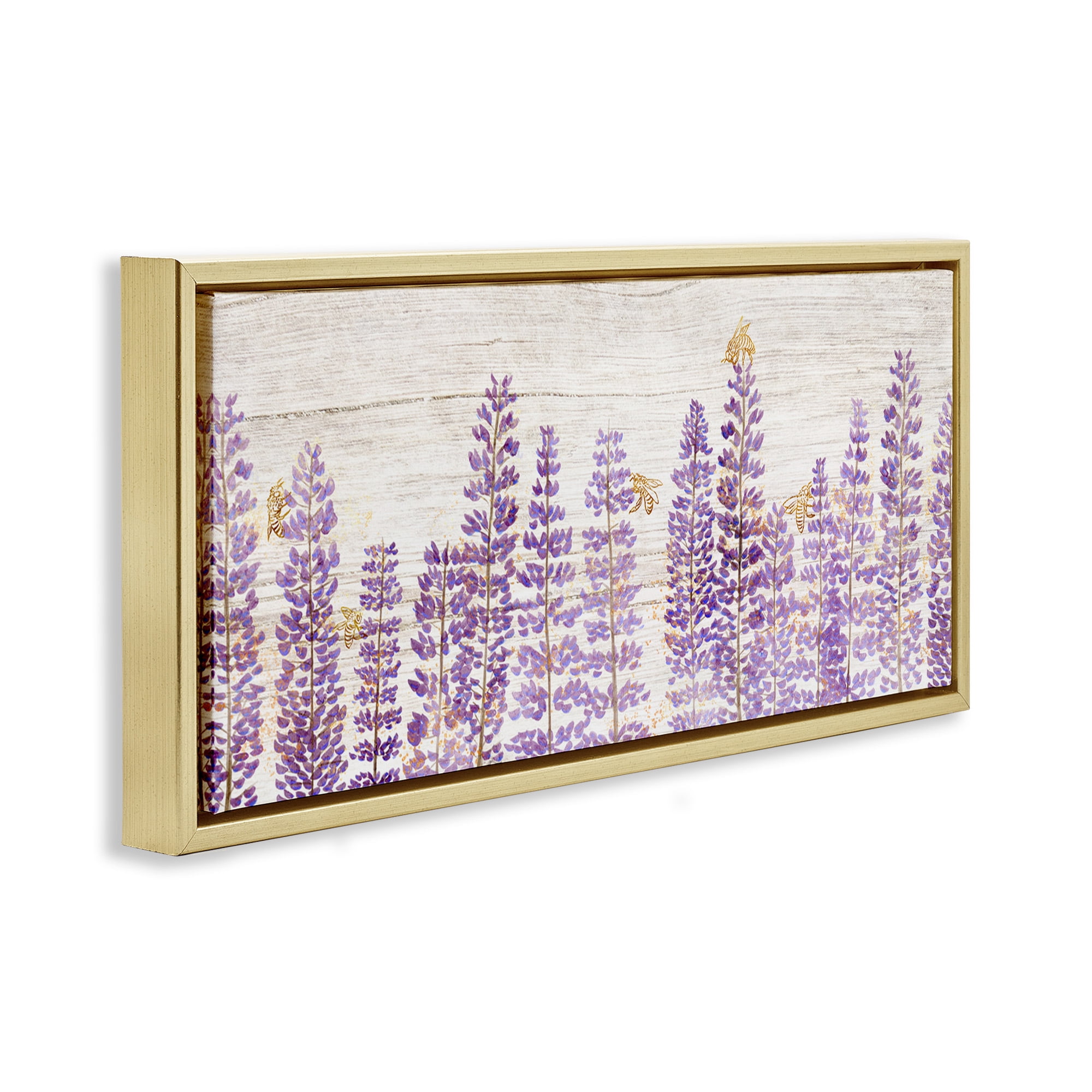 Stupell Industries Rustic Purple Lilacs & Bees Botanical & Floral Painting Gold Floater Framed Canvas Art Print Wall Art, 25 x 11