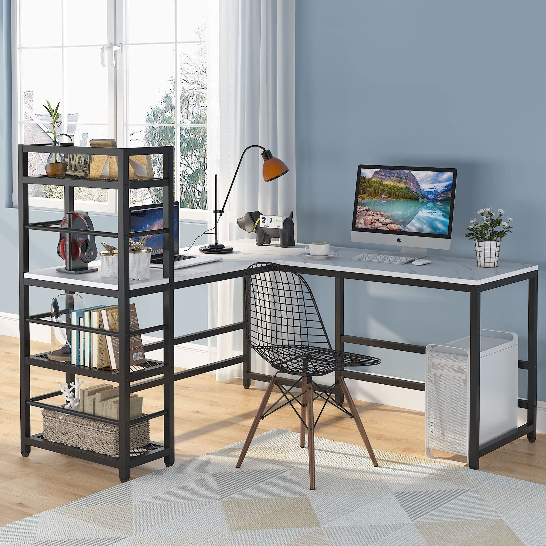 Tribesigns 59 Inch L Shaped Desk with Reversible Storage Bookshelf for