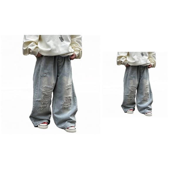 Boys' Baggy Jeans with Pockets, Distressed Ripped Straight Leg Denim Pants, Casual Elastic Waist Loose Fit for Ages 6-16 Years