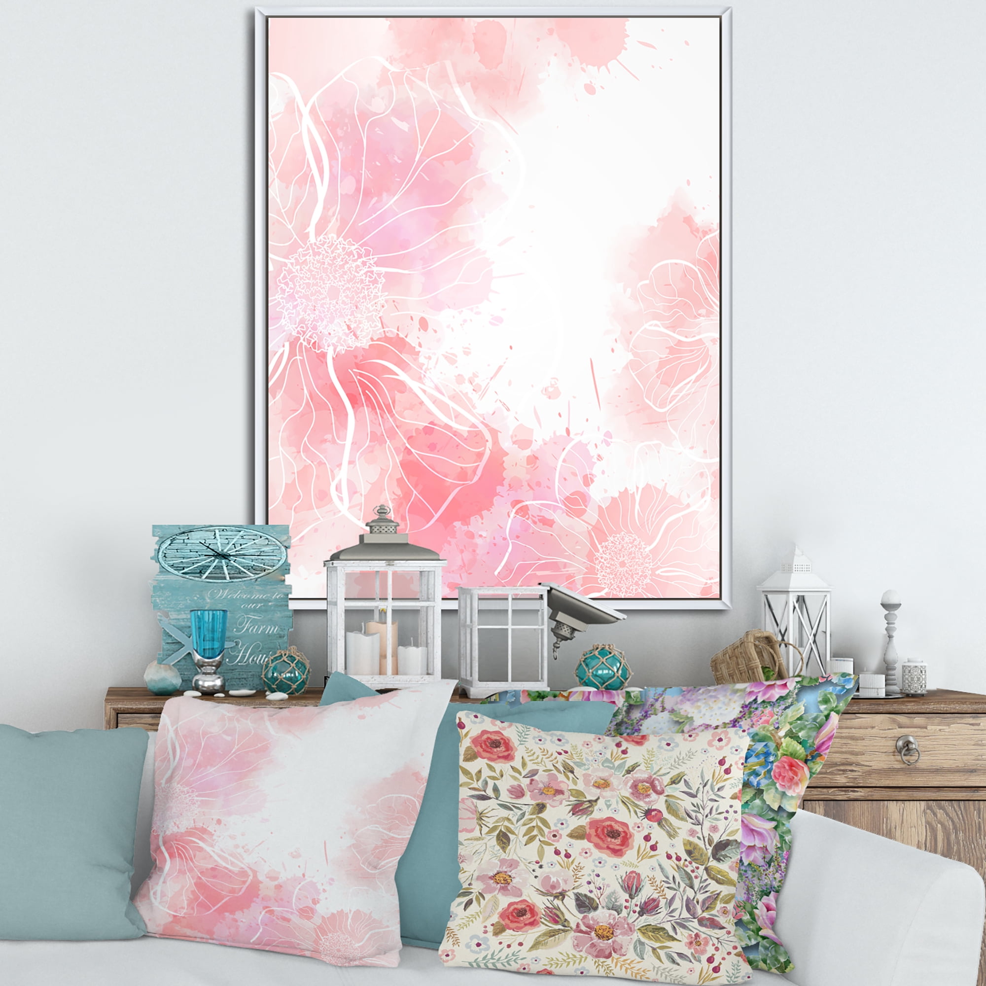 Designart 'Abstract Splashes of Pink Flowers I' Modern Framed Canvas Wall Art Print