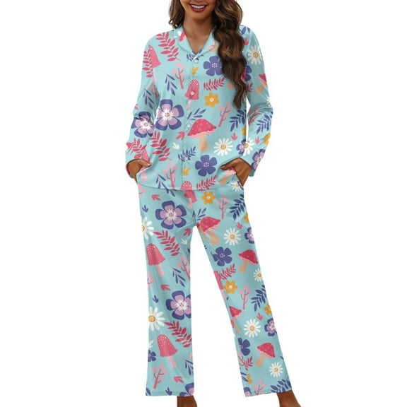 Kuiaobaty Flower Mushroom Print Women's Pajamas Set, Long Sleeve Sleepwear Tops and Pants Pajama Sets with Pockets,2 Pcs Button Down Sleepwear Pajamas Loungewear Set, S