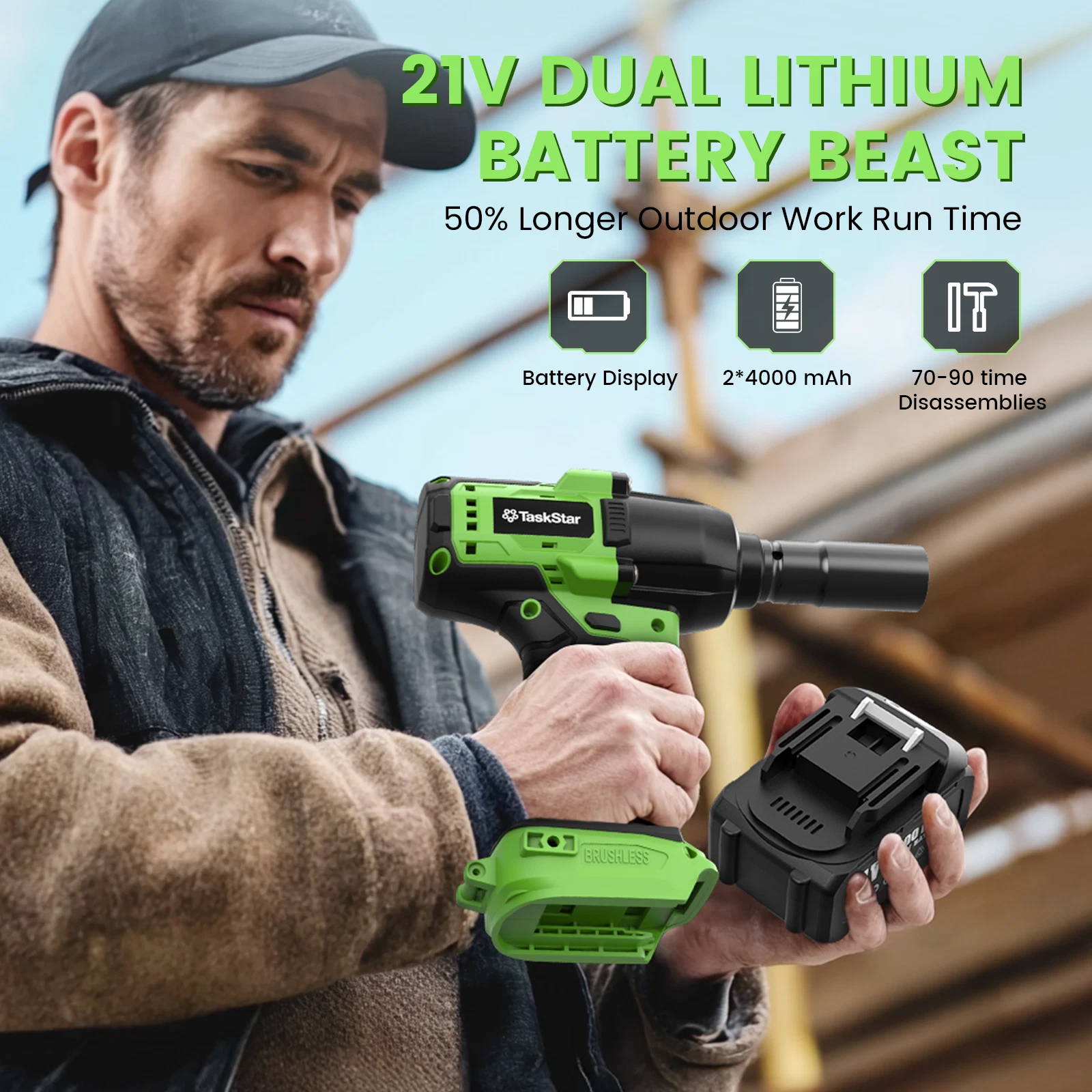 TaskStar 1300N·m (958ft-lbs) Cordless Brushless Impact Wrench 1/2" Kit, 2-Speed 0-3200RPM w/ 2x4.0Ah, Heavy Duty Electric Impact Gun for Automotive