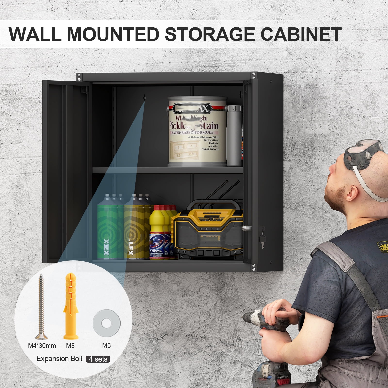Marcree Metal Wall Cabinets for Garage, Garage Cabinets Wall Mount, Steel Floating Hanging Storage Cabinet with Doors and Adjustable Shelf for Utility Room, Black