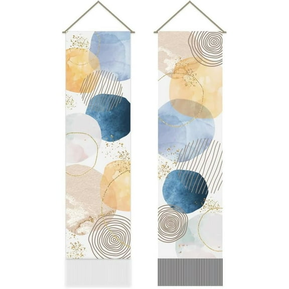 2Pcs Minimalist Line Tapestry Watercolor Circle Long Vertical Wall Hanging Abstract Shape Tassel Wall Art for Bedroom and Living Room (45.7x13 Inch)