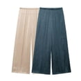 thumbnail image 2 of HH TRAF Pantalones de mujer con bolsillos sueltos, cintura elástica, cintura alta, pierna ancha, lisos, textura satinada, efecto arrugado, pantalones para mujer, 2 of 4