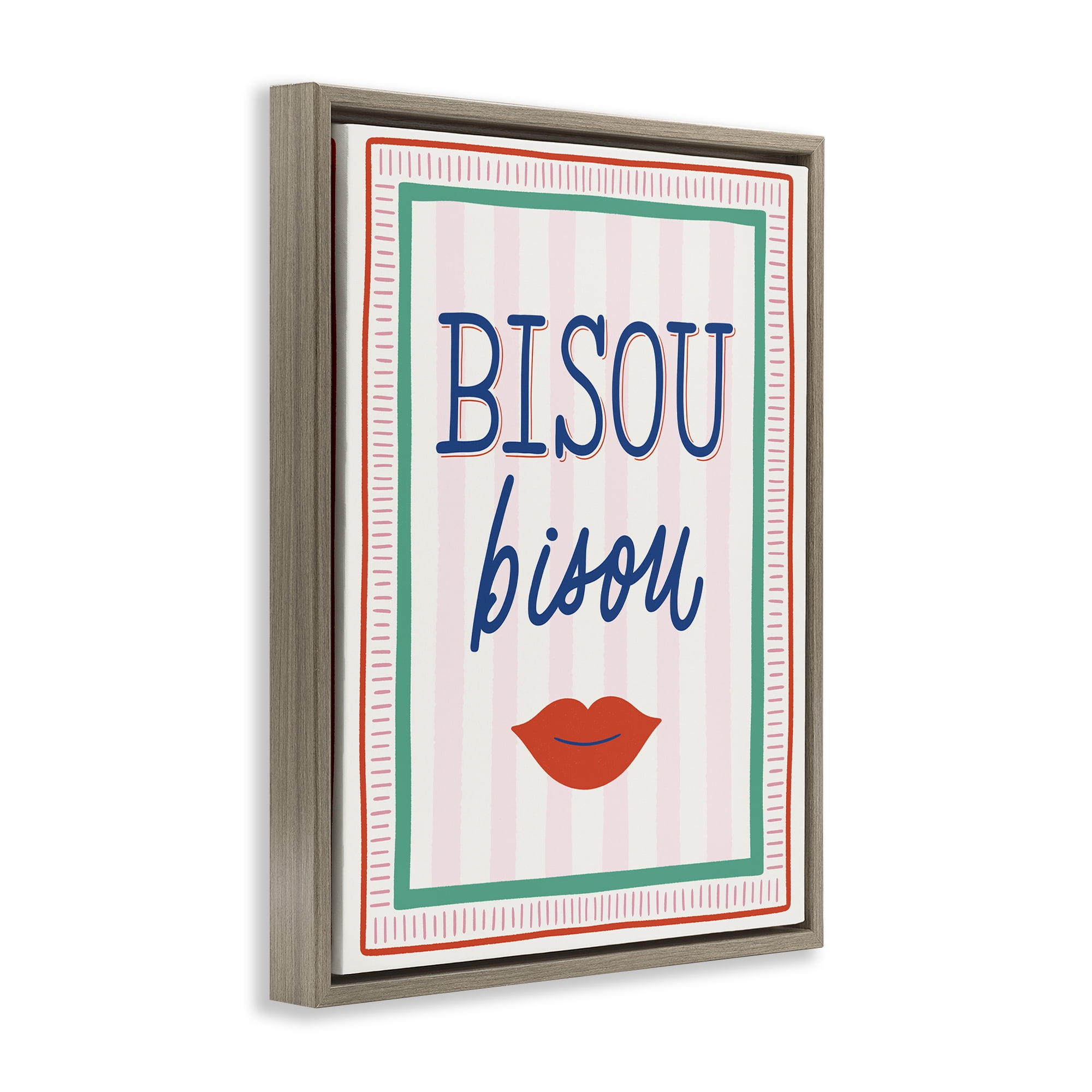 Stupell Industries Bisou Kiss over Stripes Brown Framed Floater Canvas Wall Art, design by Jalynn Heerdt