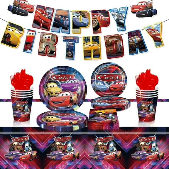 Cars birthday party decorations, Cars party supplies include Cars tablecloths, banners, plates, napkins, cups, Cars party decorations for girls and kids