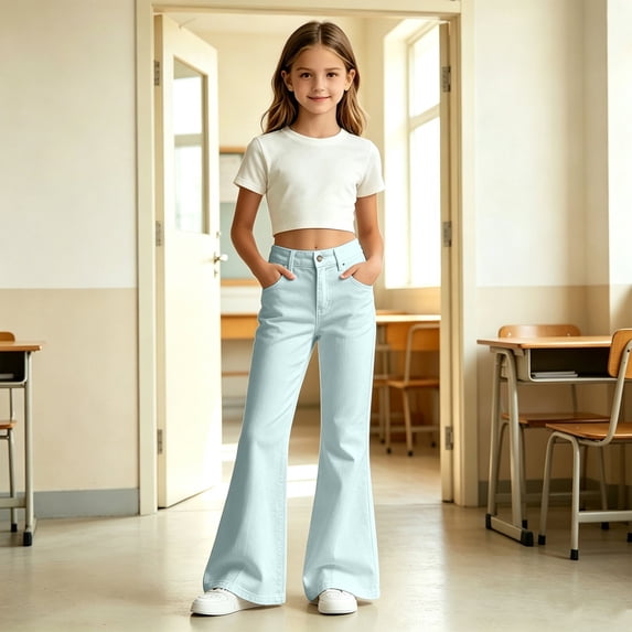 Vividxx Girls Flare Pants Bell Bottoms With Pockets Kids Soft Solid Color Casual Trousers For Little Girls Everyday Comfort Classic 15-16 Years