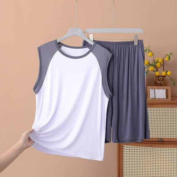 Delliss Mens Sleeveless Color Block Pajama Sets 2 Piece Sleepwear Summer Lounge Loose Outfits Tanks Shorts Men Pjs