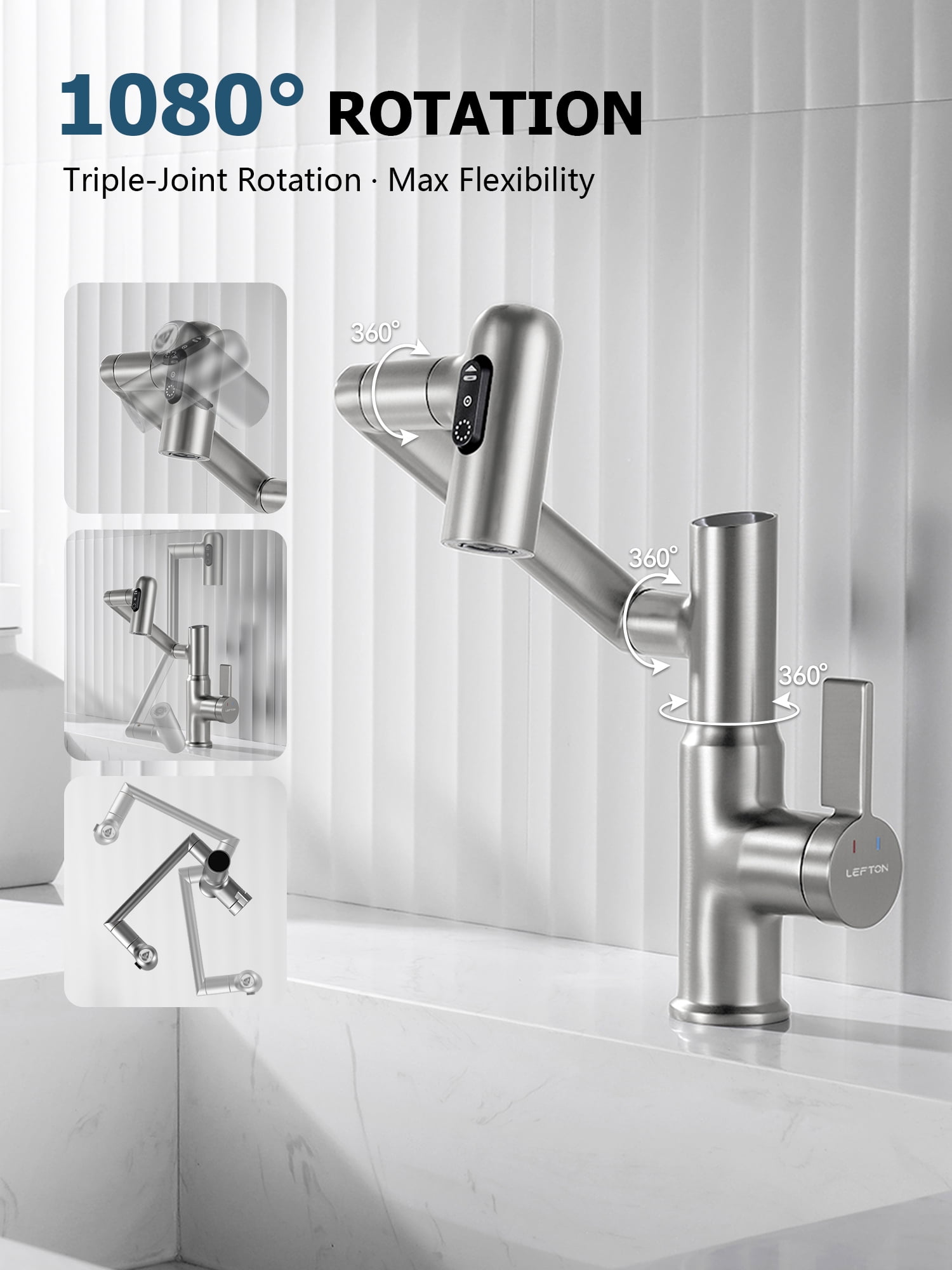 Lefton Rotatable Bathroom Faucet with Temperature Display in Fahrenheit (Batteries-Free), 3 Water Outlet Modes, Brushed Nickel, BF2204-0