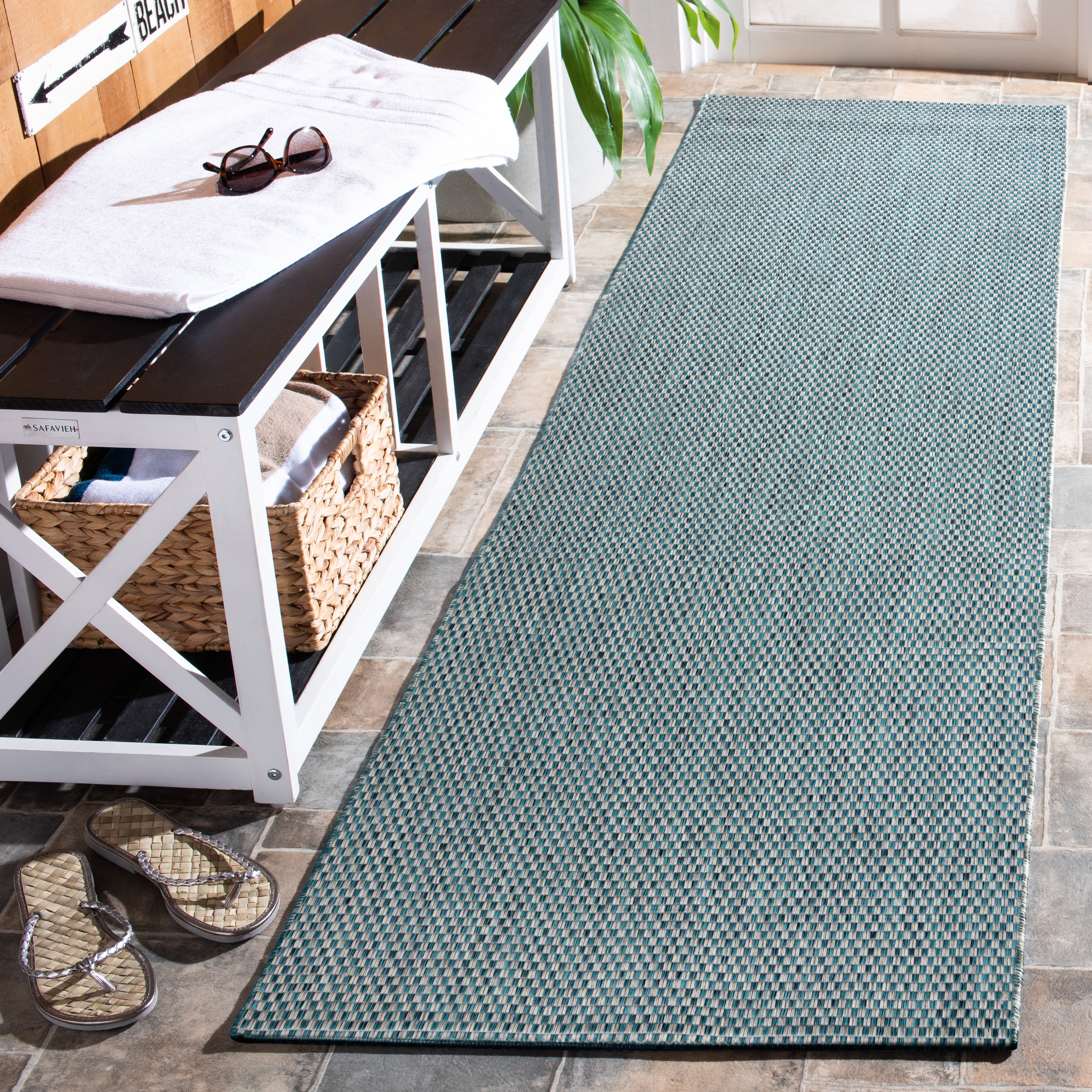 SAFAVIEH Courtyard Blair Checkered Indoor/Outdoor Runner Rug, Turquoise/Light Grey, 2'3" x 18'