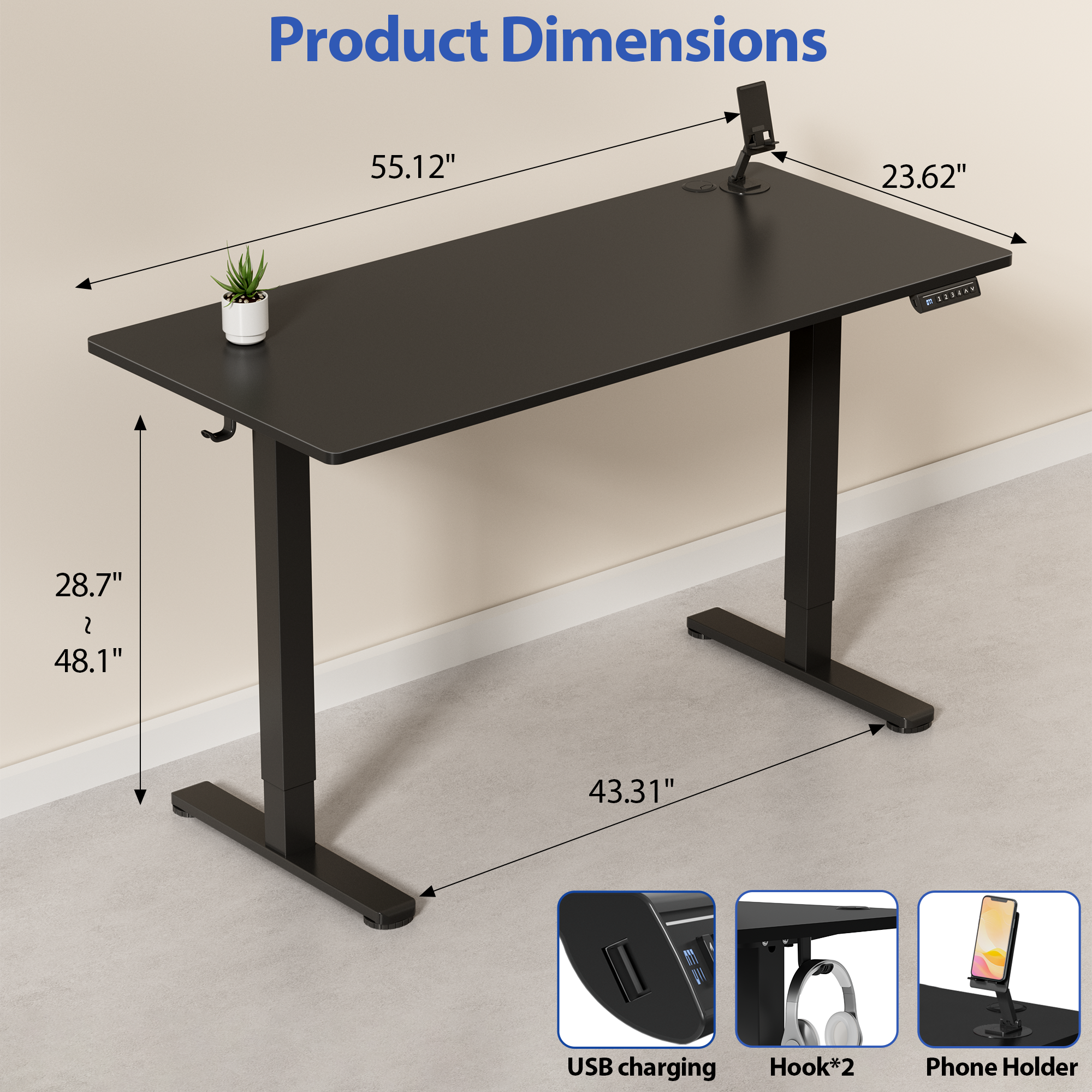 Lacoo 55" x 24" Sit to Stand Desk Height Adjustable Standing Desk Electric Stand up Table with Phone Stand, Black