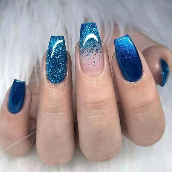 Blue Press on Nails Short Fake Nails Coffin Glue on Nails Glitter Full Cover Nails Press ons Short Glossy Acrylic False Nails Flash Stick on Nails for Women 24 Pcs Blue 24 Fl Oz (Pack of 1)