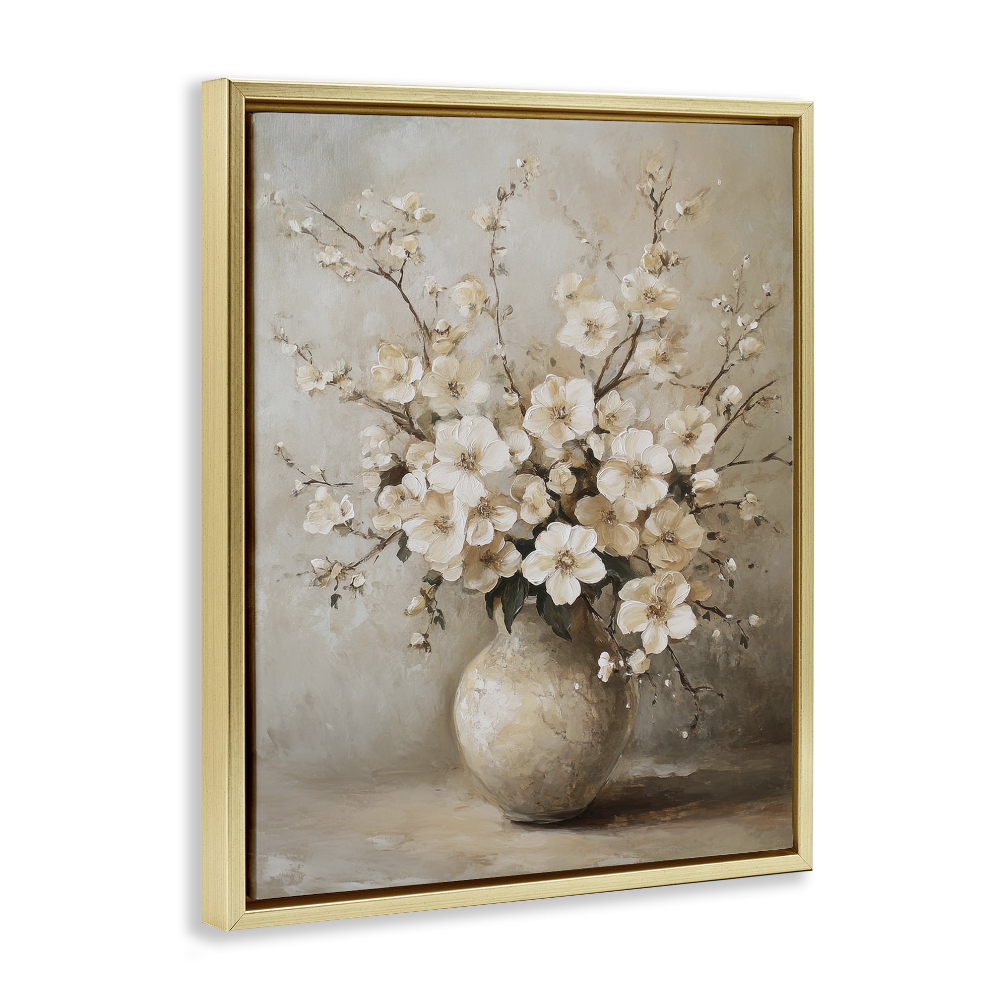 Stupell Industries Cherry Blossoms in Pottery Plants & Flowers Painting Gold Floater Framed Canvas Art Print Wall Art, 25 x 31