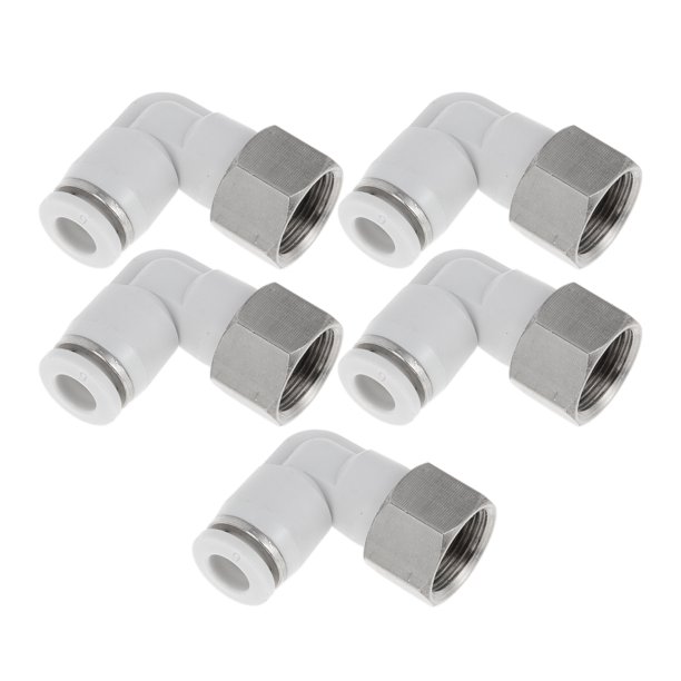 Conectores de aire Push to Connect de Unique Bargains 1/4" 90 Grados hembra roscada plástico metal 1/4" BSPT 5 Pcs tono blanco plateado