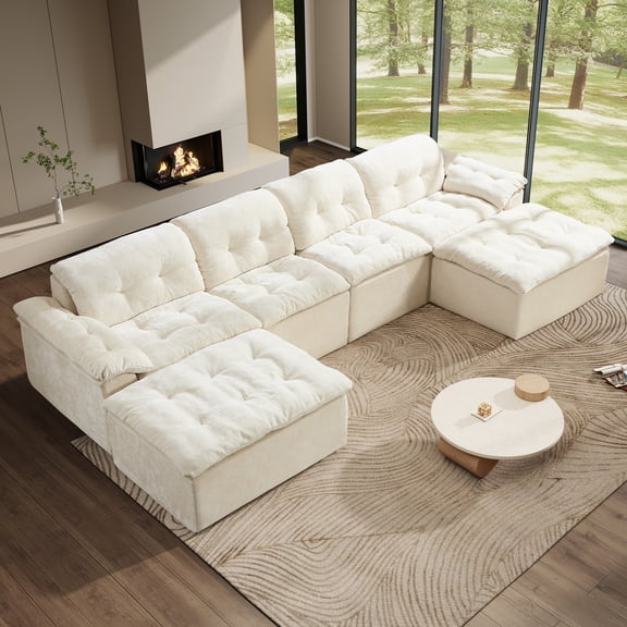Aukfa 6-Piece U-Shaped Modular Sectional Sofa with 2 Ottomans for Living Room, Ice Flower Chenille, White