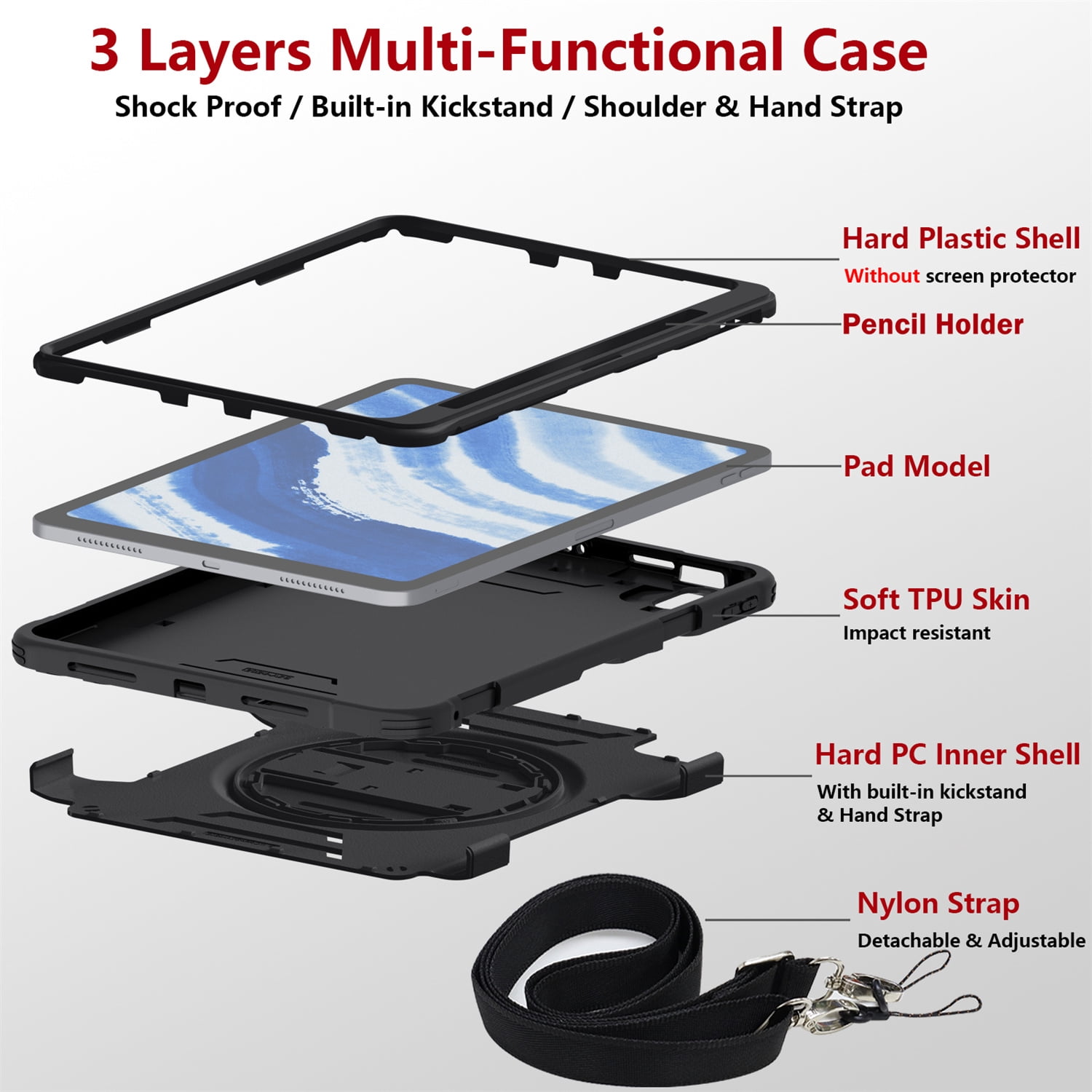 Shockproof Case for Apple iPad 11th 10th Gen 2025 2022, with Pencil Holder Military Grade Protection Rotating Stand Hand Strap Shoulder Strap Bumper Rugged Case for iPad 11th Gen 11"/ 10th Gen 10.9"