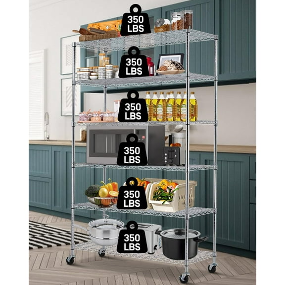 6 Tier Wire Shelving Unit with Wheels 48" X 18" X 82" Metal Storage Shelves Height Adjustable NSF Heavy Duty Commercial Grade Garage Shelf Rack for Kitchen Basement Restaurant，Chrome