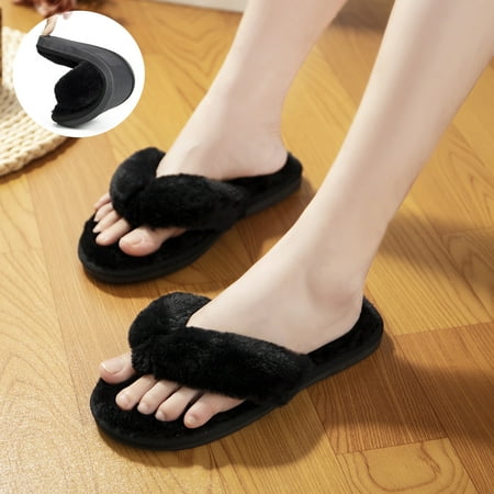 

DODOING Women s Memory Foam Flip Flop House Indoor Slippers with Cozy Short Plush Lining Spa Thong Sandals Slippers