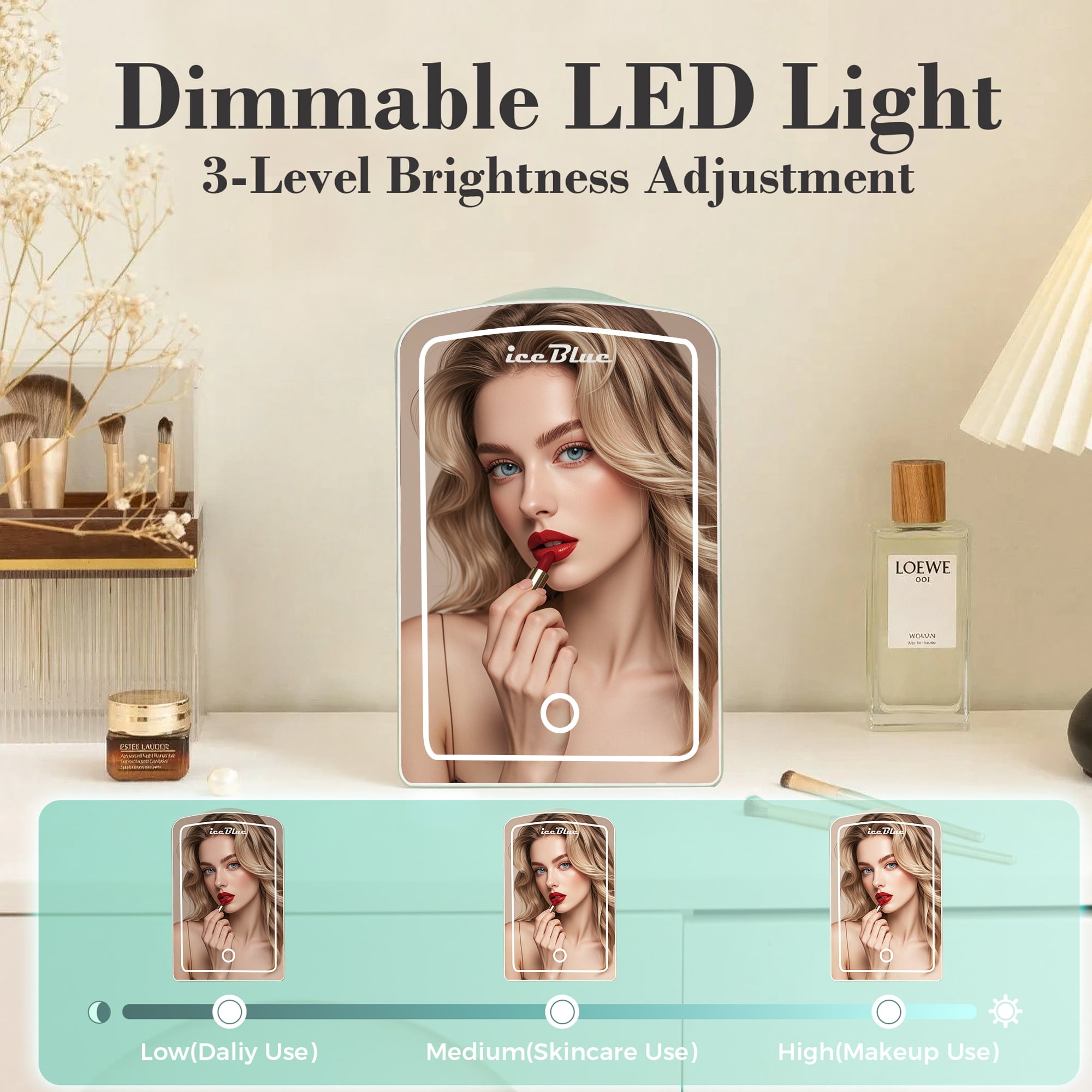 iceBlue LED Mirror Skincare Refrigerator- 6L Mini Fridge for Makeup & Drinks - Car/Home Portable Cooler