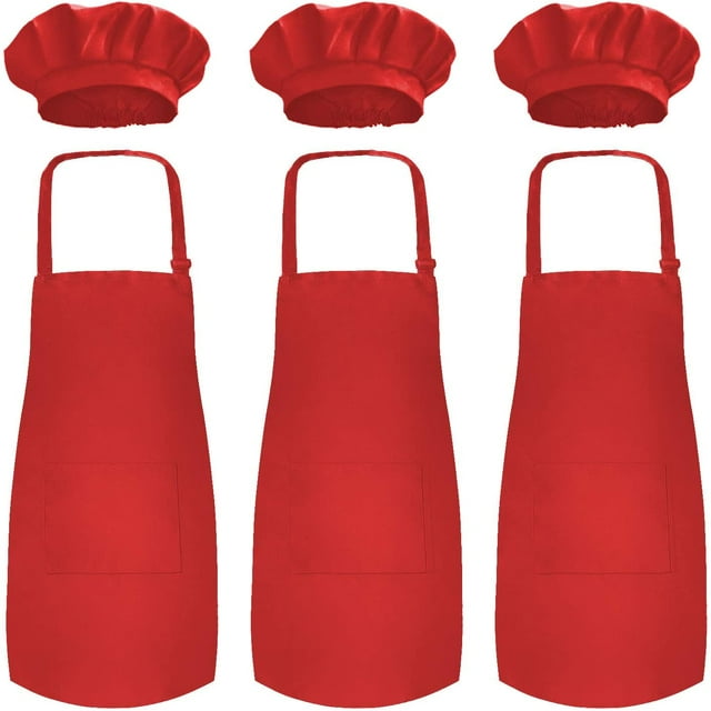 Novelty Place Kid's Apron with Chef Hat Set (3 Set) - Kid's Size (6-12 Year, Red)