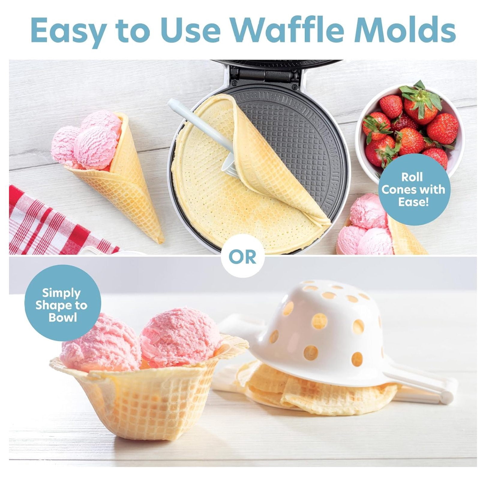 Waffle Cone and Bowl Maker for Homemade Cones- Includes Shaper & Bowl Press- Electric Nonstick Waffler Iron Machine for Sundaes or DIY Dessert, Summer BBQ Gift Treat for Kids Adults